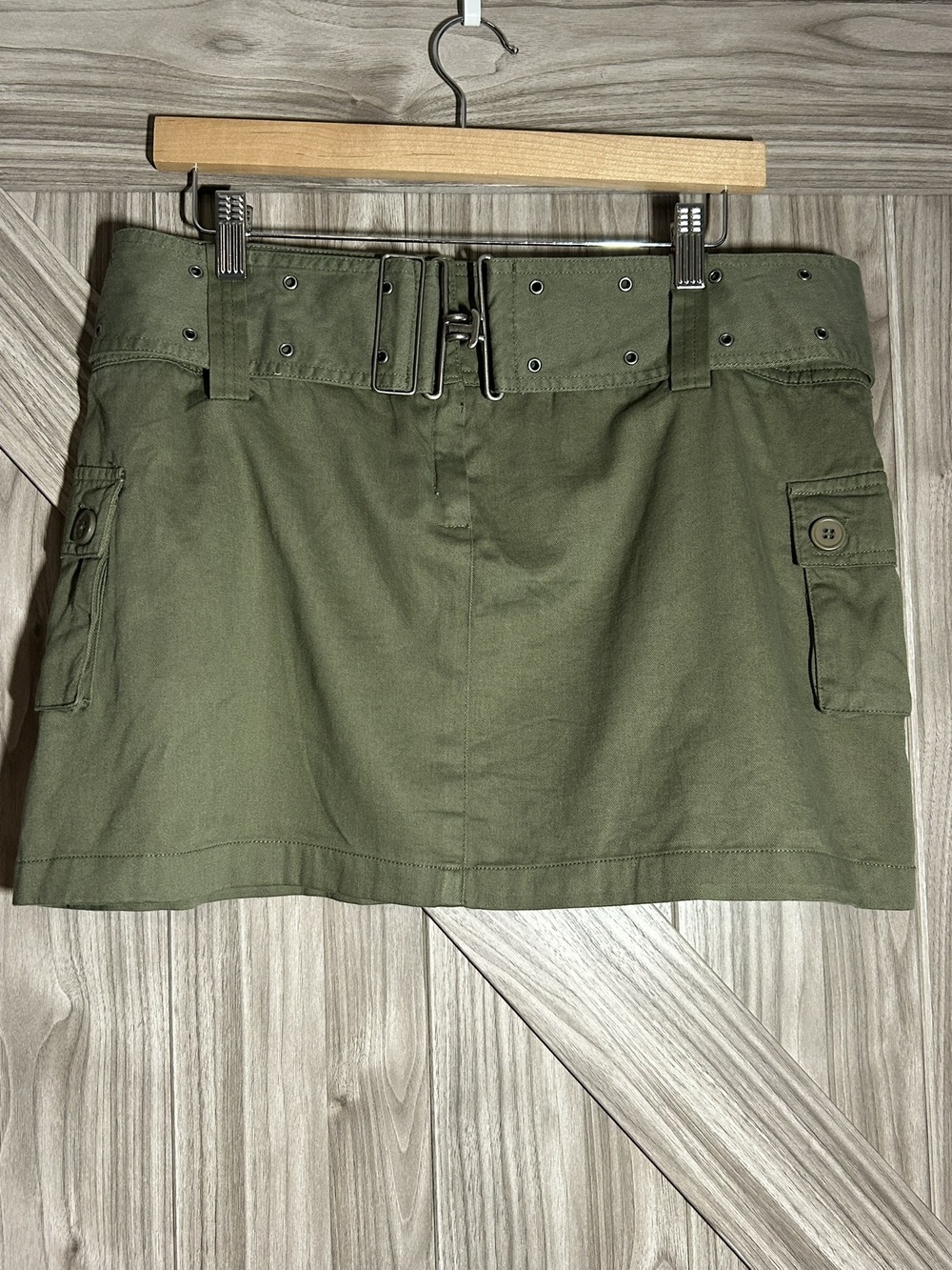 Vintage MTRO Y2K Olive Green Cargo Pleated Micro Mini Skirt Belted Size 13